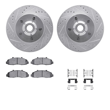 Dynamic Friction Co DFC Brake Rotor - Drilled & Slotted - Silver- Heavy Duty Brake Pad includes Hardware 7412-54056