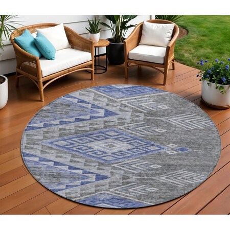 Homeroots 8' Pewter And Blue Round Southwestern Washable Indoor Outdoor Area Rug 603559