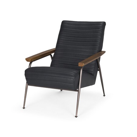Homeroots 37" Black Genuine Leather and Metal Arm Chair 606024