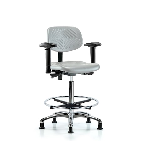 Blue Ridge Ergonomics Poly Chair Chrome-High Bench Ht with Adjustable Arms, Chrome Foot Ring, &Stat Glides in Gray Poly PHBCH-CR-T0-A1-CF-RG-GRY