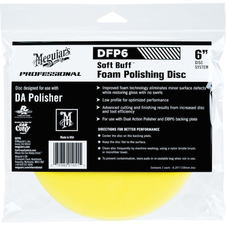 Meguiars Soft Buff Dual Action Polishing Disc, 6 in Dia, Hook and Loop Attachment, Foam Pad, Yellow DFP6