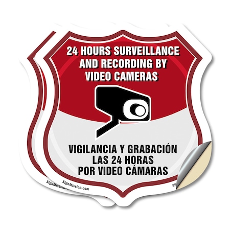 Signmission Bilingual 24 Hour Surveillance Shield Si, 4 inch X 4 inch, Vinyl Decal, 2PK SHI-D-2PACK-4-363