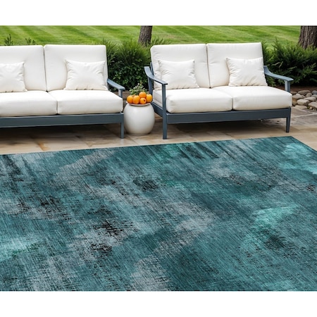 Homeroots 9' X 12' Teal Blue Aqua And Gray Abstract Washable Indoor Outdoor Area Rug 587156