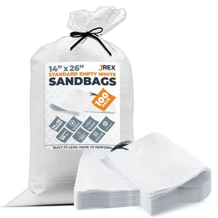 Jrex Safety Woven White Polypropylene Sandbags - 14 x 26 in, 50 lb Capacity, 100PK SBW-JR-1426-100PK
