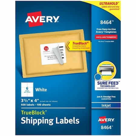 Avery Shipping Labels with TrueBlock Technology, 3-1/3 x 4, White, 600/Box 8464