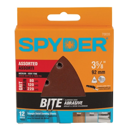 Spyder 3-5/8-Inch Assorted Aluminum Oxide Triangle Detail Sanding Sheet Set (80-220 Grit) (12pc) 70035