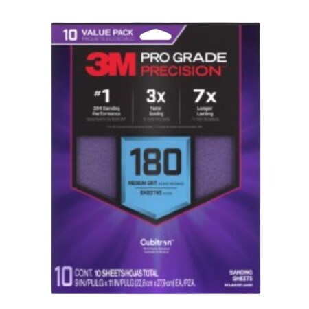 3M Faster Sanding Sheet, 11 in L, 9 in W, Medium, 180 Grit, 10PK SHR180-PGP-10T