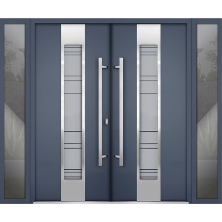 Vdomdoors Steel Double Doors Deux 0757 Gray Graphite 2 Sidelight Exterior Windows Stainless Inserts Single Mo DEUX0757DEXD-GRE-RH-W14+72+14 x H80