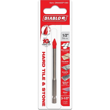 Diablo 1/2'' x 3-1/2'' Carbide Tipped Glass Tile & Stone Drill Bit DMANSP1060
