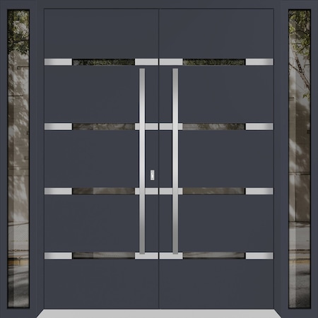 Vdomdoors Metal Double Doors Deux 1105 Gray Graphite Mirrored Glass 2 Sidelights Entry Modern Painted 104x80 DEUX1105DEXD-GRE-W16+72+16xH80-RH-I