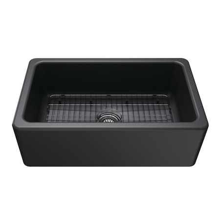 Kingston Brass 30" Fireclay Single Bowl Farmhouse Kitchen Sink with Bottom Grid and Strainer, Matte Black KGPF311910KBC
