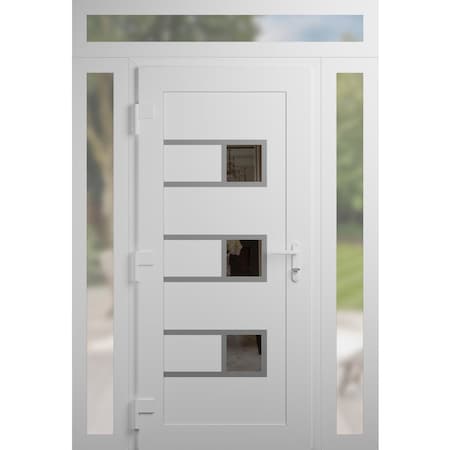 Vdomdoors Front Exterior Prehung Metal-Plastic Door, Manux 8933 White Silk, 2 Side and Top Sidelite Transom,  MANUX8933EXD-WS-W14+36+14xH80+14-RH
