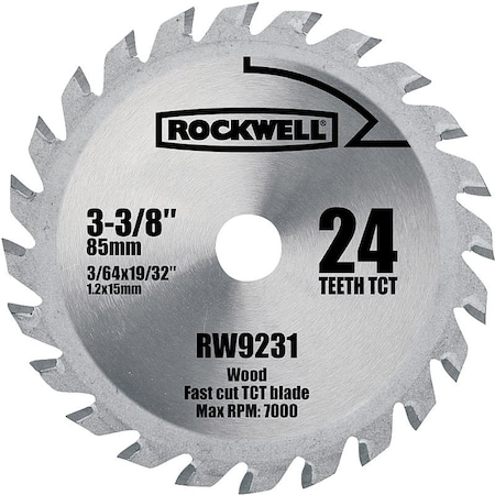 Rockwell Circular Saw Blade, 3-3/8 in Dia, 24-Teeth, Carbide Cutting Edge RW9231