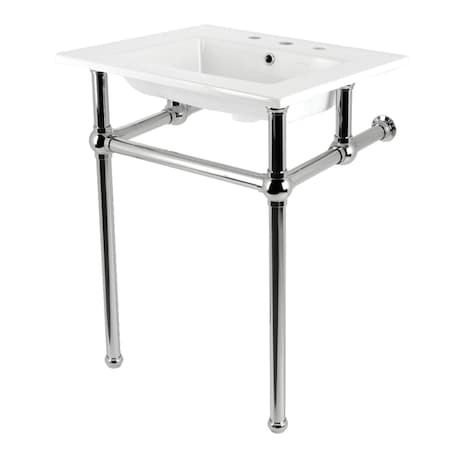 Kingston Brass 25" Ceramic Console Sink with Brass Legs, 8-Inch, 3-Hole, White/Polished Nickel KVBH25227W8B6