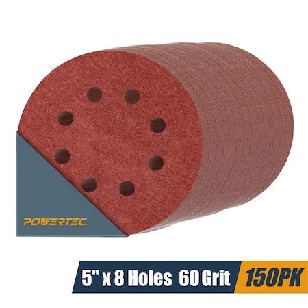 Powertec 5 in. 8 Hole Hook and Loop Sanding Discs, Aluminum Oxide, 60 Grit, 150PK 45006-P6N