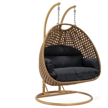 Leisuremod Mendoza Light Brown Wicker Hanging 2 person Egg Swing Chair with Dark Grey Cushions MSCLBR-53DGR