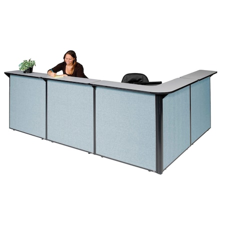 Global Industrial Interion L-Shaped Reception Station, 116"W x 80"D x 44"H, Gray Counter, Blue Panel 249011GB