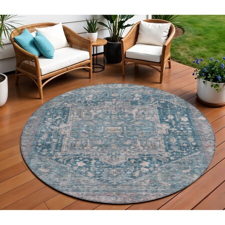 Homeroots 8' Blue Round Medallion Washable Indoor Outdoor Area Rug 608000