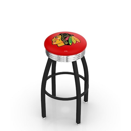 Holland Bar Stool Co 25" Blk Wrinkle Chicago Blackhawks Swivel Bar Stool, Chrome Ring L8B3C25ChiHwk-R