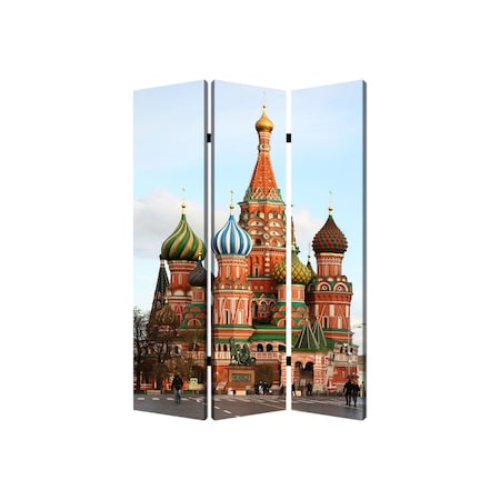 Homeroots 72" Red Blue And Ivory Canvas Folding Three Panel Screen Room Divider 274639