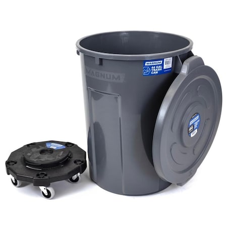 Magnum Tool Gray 44 Gallon Trash Can Set, Trash Can, Quiet Dolly, and Reinforced Lid, 1 Set CMTC-CLD0-44G01