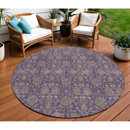 Homeroots 8' Purple Beige And Taupe Round Floral Washable Indoor Outdoor Area Rug 582304
