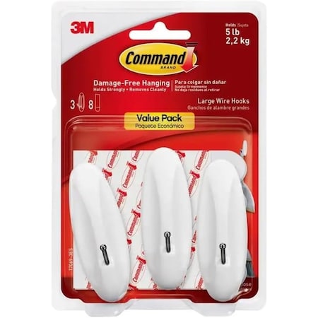Command 17069-ES Large Wire Hook, 5 lb Capacity, 1-Hook, Metal/Plastic, White 17069-3ES
