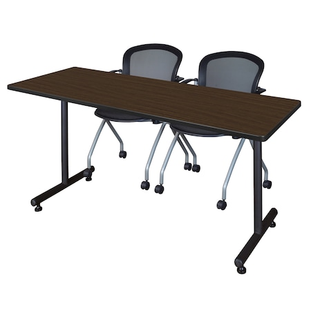 Regency Kobe T-Base Training Seminar Table W/ 2 Cadence Stack Chairs, 60 in W, 30 in L, Neo Walnut MKTRCT6030NW23BK