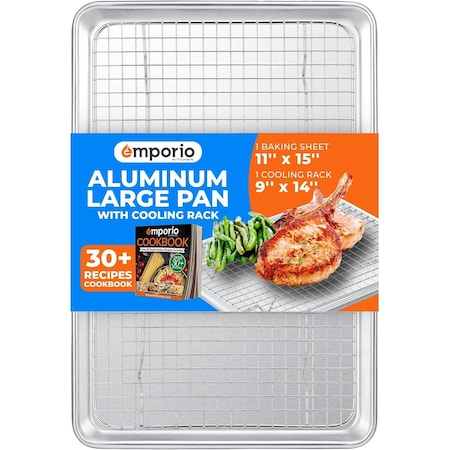 Emporio Kitchen Baking Pan Set, 10.5in. x 15in. Aluminum Baking Pan with Stainless Steel Cooling Rack Set EMPKSST11