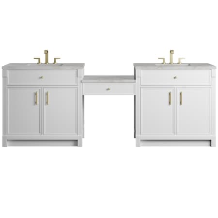 James Martin Vanities Bellshire 96" Dual Vanity Set w/24" Make-Up Counter, Bright White w/3 cm Victorian Silver Silestone 660-VMC96-BW-3VSL