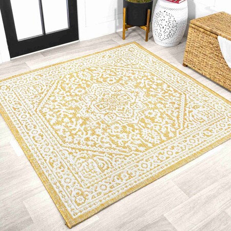 Jonathan Y Sinjuri Medallion Textured Weave Yellow/Cream 5 ft Square Indoor/Outdoor Area Rug SMB101I-5SQ