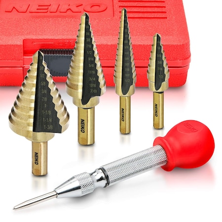 Neiko Step Drill Bit Set and Automatic Center Punch, 5 Piece, 41 SAE Sizes Total, 1/8'' - 1-3/8'' 10169A