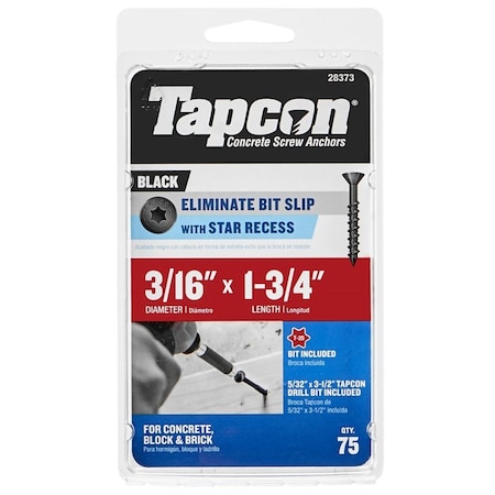Tapcon Concrete Screw Anchor, 3/16 in Dia, 1-3/4 in L, Steel, Climaseal, 75PK 28373