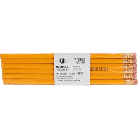 Business Source Woodcase No. 2 Pencils, Yellow Hex Barrel, Latex-Free Eraser, 12/Pack BSN37507