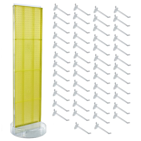 Azar Displays Yellow Two-Sided Pegboard Floor Display On Revolving Studio Base with 50 6in Clear Hooks 700780-YEL-6C50
