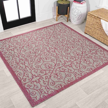 Jonathan Y Madrid Vintage Filigree Textured Weave Light Gray/Fuchsia 5 ft Square Indoor/Outdoor Area Rug SMB107I-5SQ