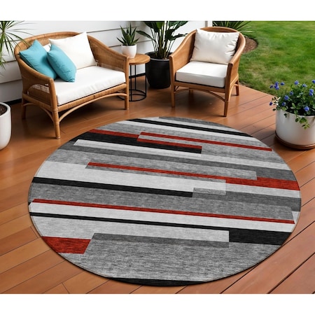 Homeroots 8' Gray Black And Red Round Striped Washable Indoor Outdoor Area Rug 613274