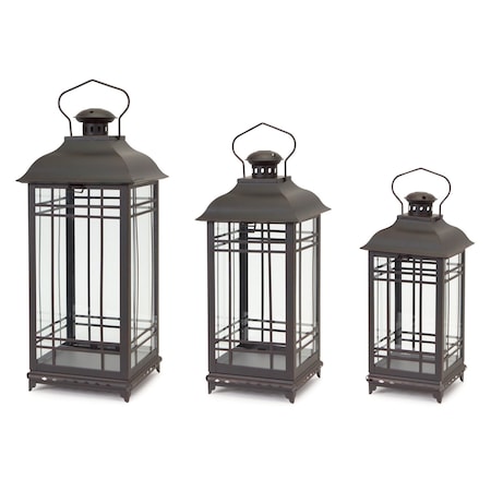 Homeroots Set of Three Black Distressed Geometric Glass And Metal Floor Lantern Candle Holders, 3PK 517567