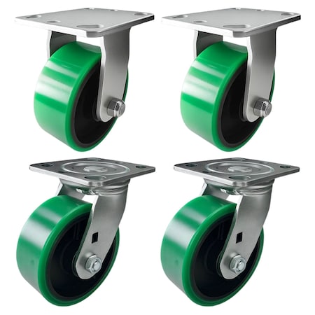 Hyw Products Heavy Duty Caster Set 5in Green Polyurethane on Cast Iron Wheels, 2 Rigid & 2 Swivel, 4PK 40-50R-A1-PC-2,40-50S-A1-PC-2 (G)