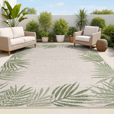 Jonathan Y Isla Coastal Cottage Palm Frond Border Green/Cream 3 ft. x 5 ft. Indoor/Outdoor Area Rug TSN207B-3