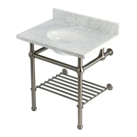 Kingston Brass 30-Inch Carrara Marble Console Sink with Brass Legs and Shelf, 8-Inch, 3-Hole KVPB3030MBB8