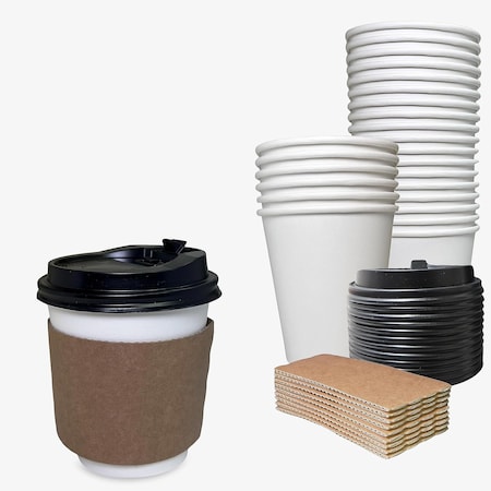 Ecoquality 10oz White Paper Coffee Cups with Black Dome Lids and Sleeves - For Home, Office, 200PK EQ10WHTPCBDLS-200