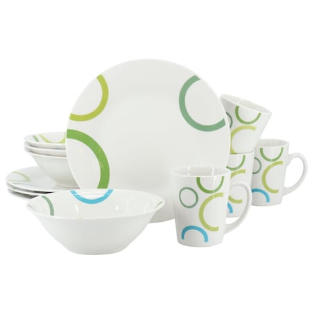 Gibson Home Green Loops 12 Piece Round Fine Ceramic Dinnerware Set in White 142754.12