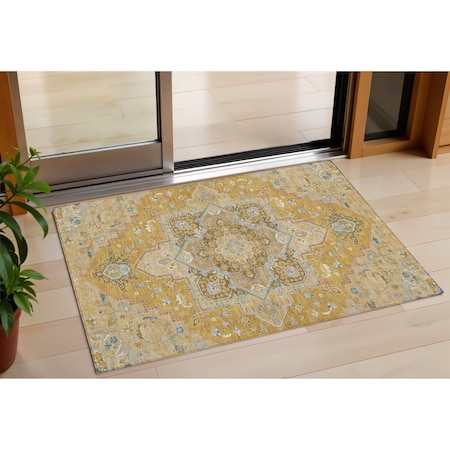 Homeroots 3' X 5' Gold Beige And Blue Oriental Washable Indoor Outdoor Area Rug 600156