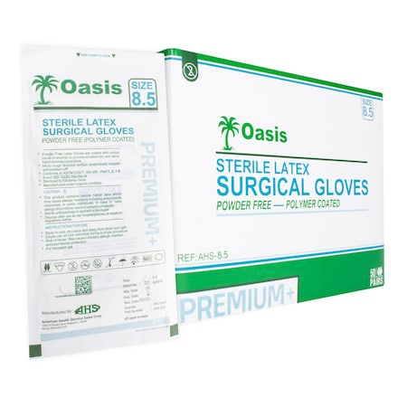 Oasis Sterile Disposable Latex Surgical Gloves, Powder-Free and Sterile, Size 8.5, 50 pairs per pack AHS-8.5