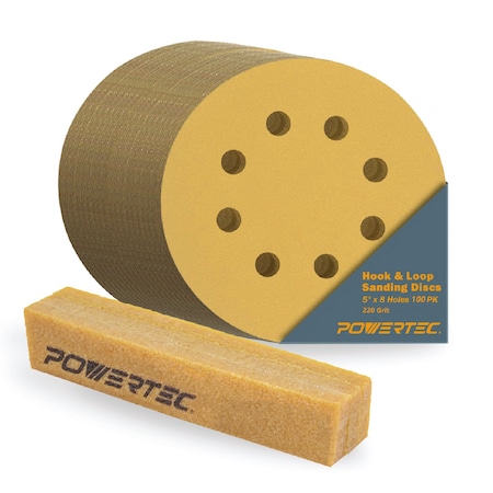 Powertec 5in 8 Hole Hook & Loop Sanding Discs, Aluminum Oxide, 220 Grit, 100PK w/ Abrasive Cleaning Stick 44053GN