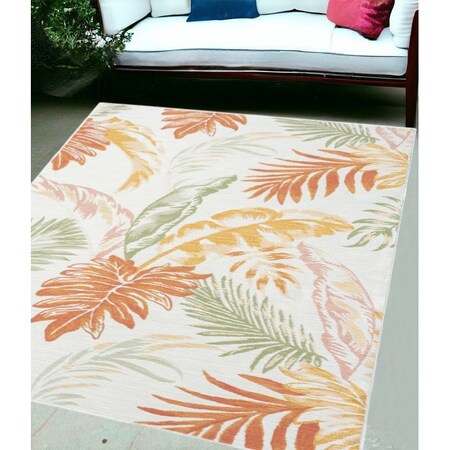 Homeroots 5' X 7' Ivory Green and Orange Palm Leaf Stain Resistant Indoor Outdoor Area Rug 548912