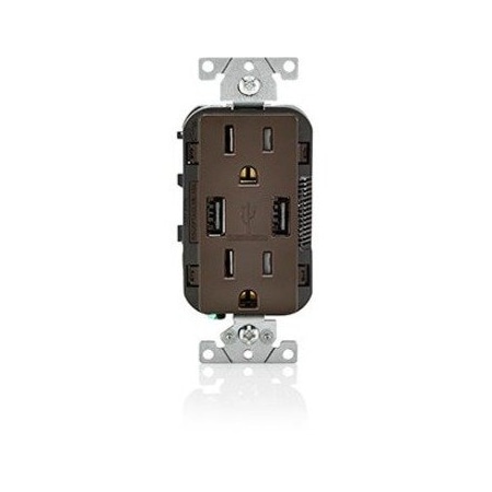 Leviton USB Charger/Duplex Tamper-Resistant Receptacle, 3.6/15 Amp, 125 Volt, NEMA 5-15R, Brown T5632-B
