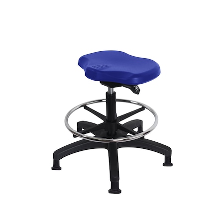 Blue Ridge Ergonomics Poly Ray Sit-Stand Stool-Medium Bench Height with Chrome Foot Ring & Stationary Glides in Blue Poly PRPMBSO-RG-CF-RG-BLU