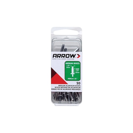 Arrow Pop Rivet, Medium, 1/4 in L, Aluminum Silver, 20PK RMA1/8